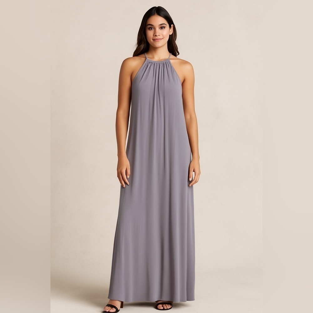 david's bridal size chart bridesmaid dress David’s Gray Full Length Halter Sleeveless 6 Waist Size:Waist 33 preformance A-Line V-Neck Pleated Brick